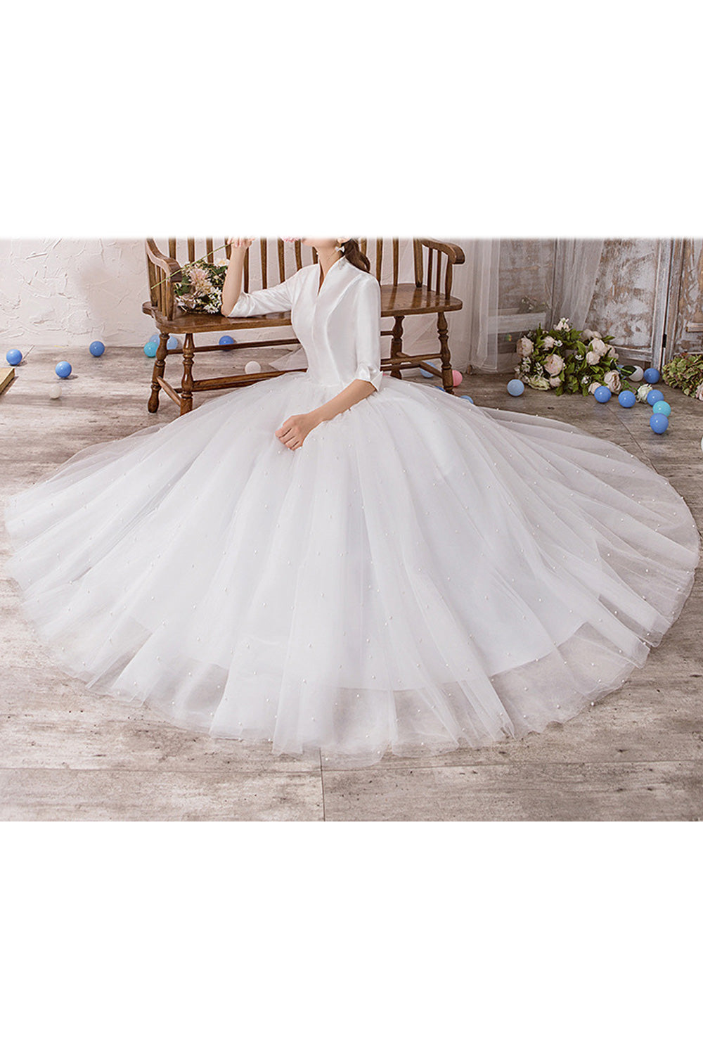 Women Deep V-Neck Style Half Sleeve Elegant Solid Pattern Wedding Dress