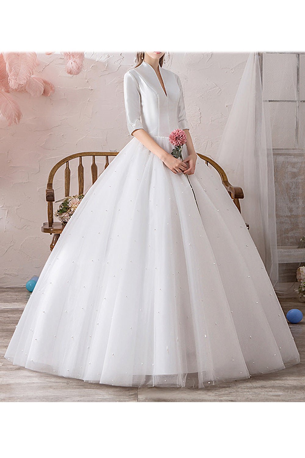 Women Deep V-Neck Style Half Sleeve Elegant Solid Pattern Wedding Dress