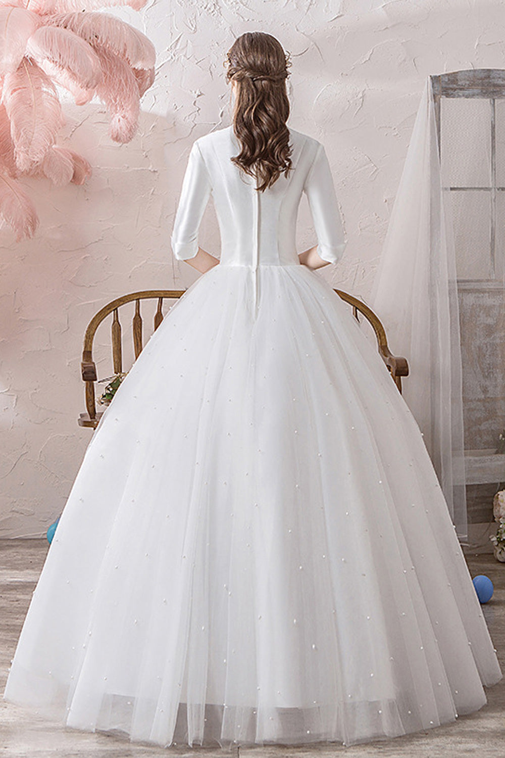 Women Deep V-Neck Style Half Sleeve Elegant Solid Pattern Wedding Dress