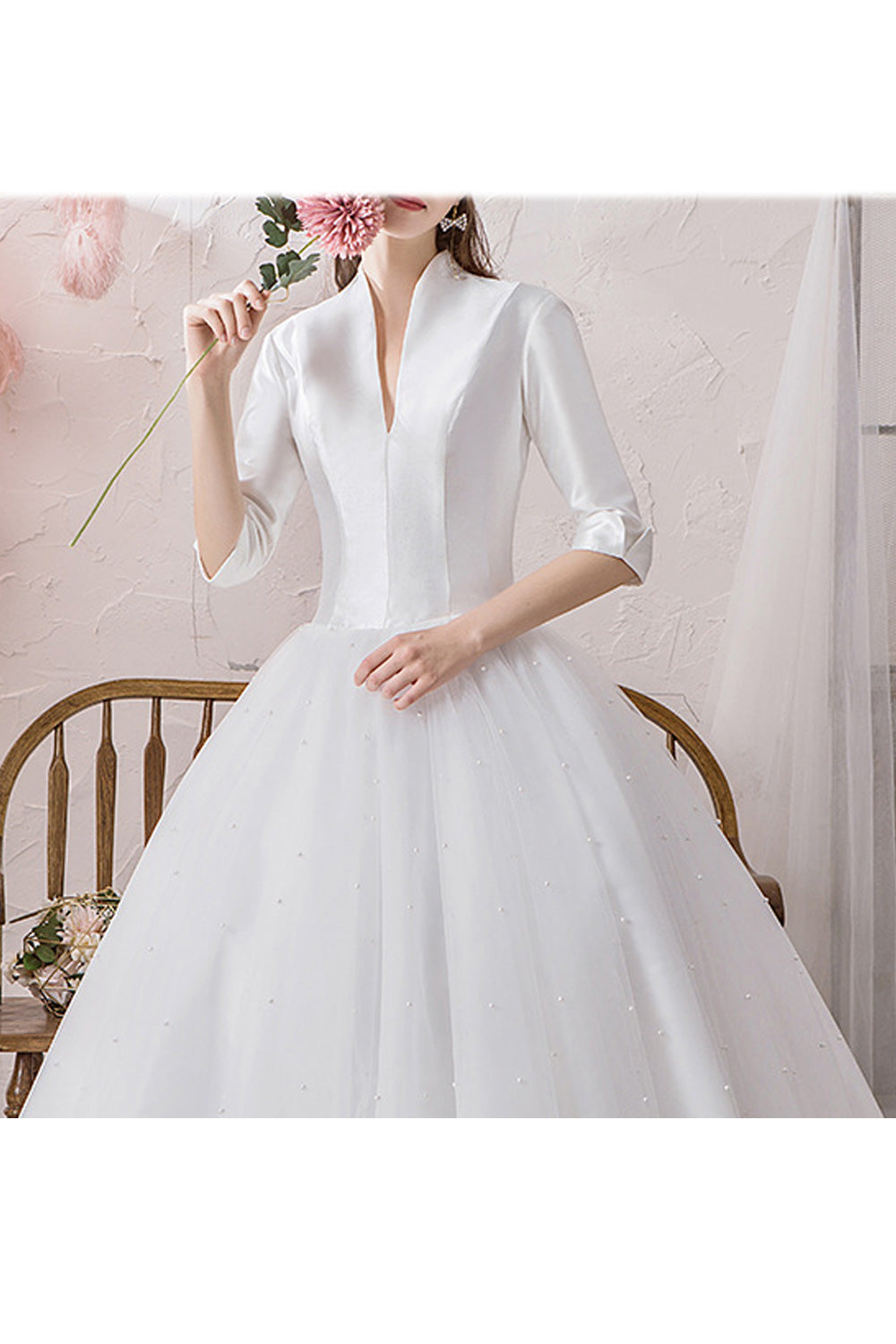 Women Deep V-Neck Style Half Sleeve Elegant Solid Pattern Wedding Dress