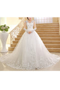 Women Round Neck Lace Long Tail Solid Pattern Wedding Dress