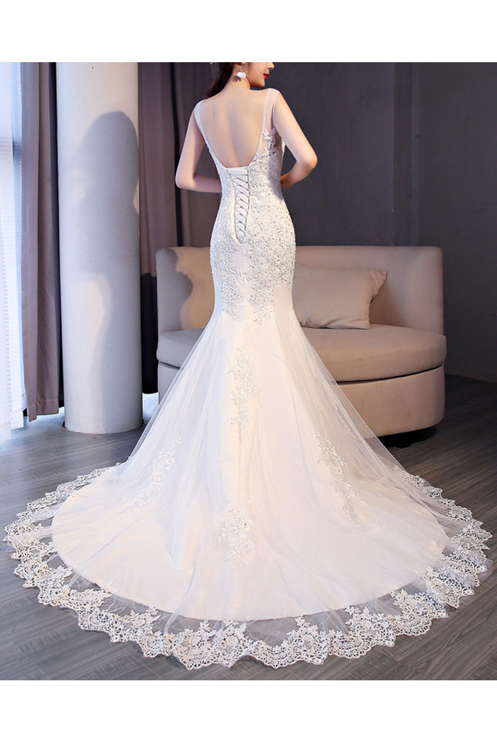 Women Slim Fit Style Long Fish Tail Round Neck Wedding Dress
