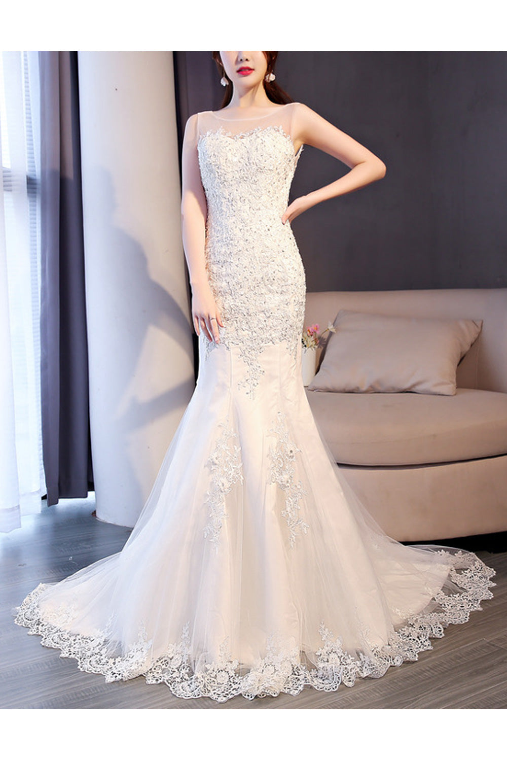 Women Slim Fit Style Long Fish Tail Round Neck Wedding Dress