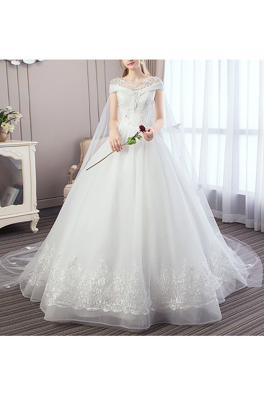 Women Thin Sleeveless Style Embroidered Pattern Classy Wedding Dress