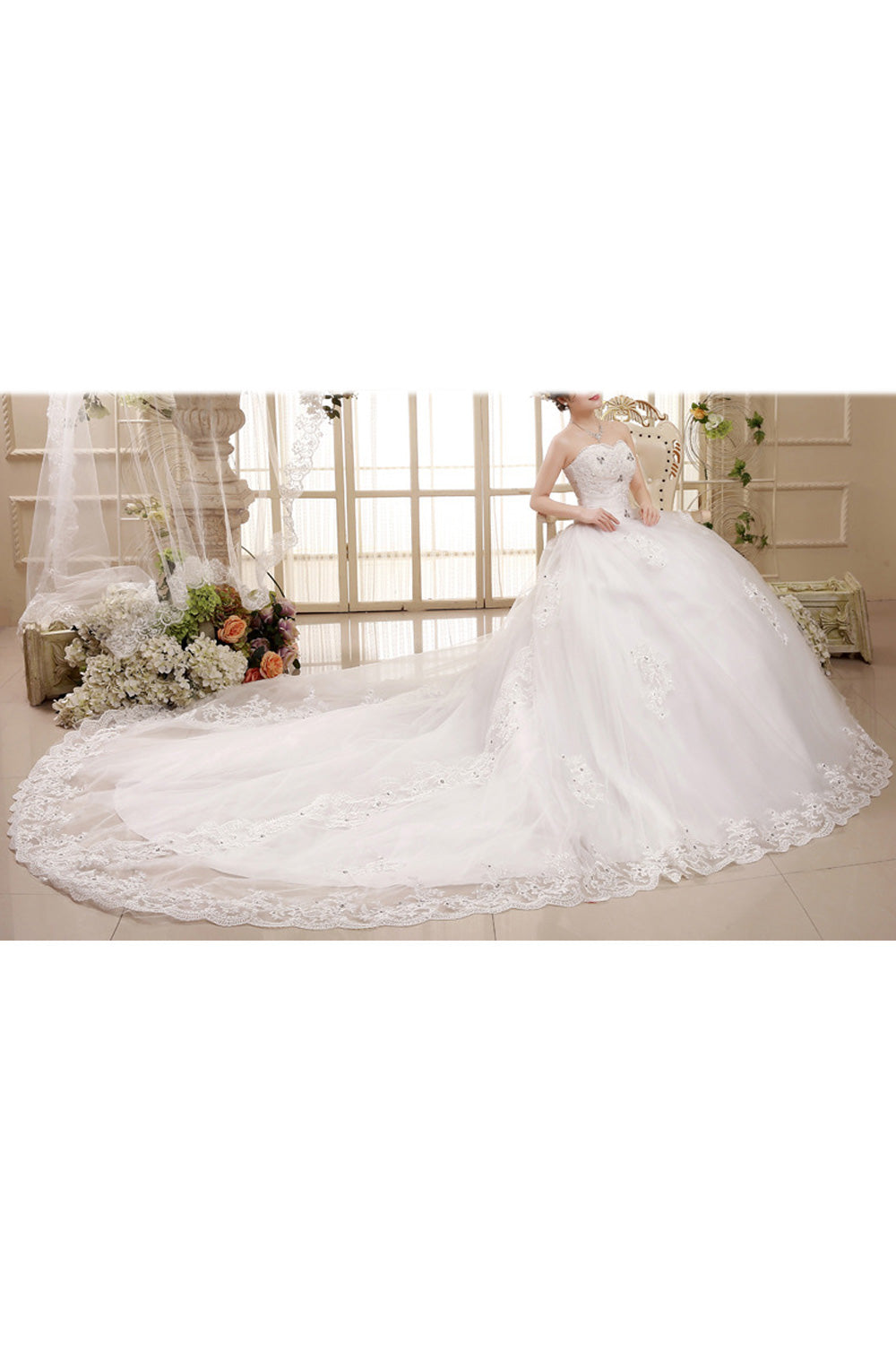 Women Slim Waist Off-Shoulder Charming Long Tail Skirt Wedding Dress