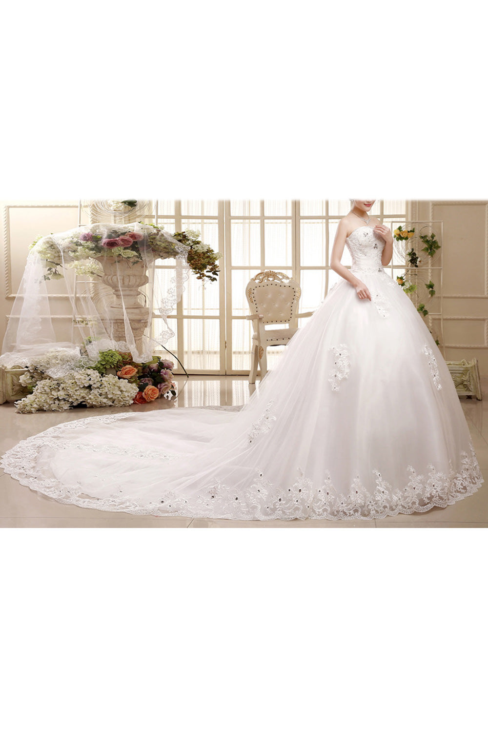 Women Slim Waist Off-Shoulder Charming Long Tail Skirt Wedding Dress