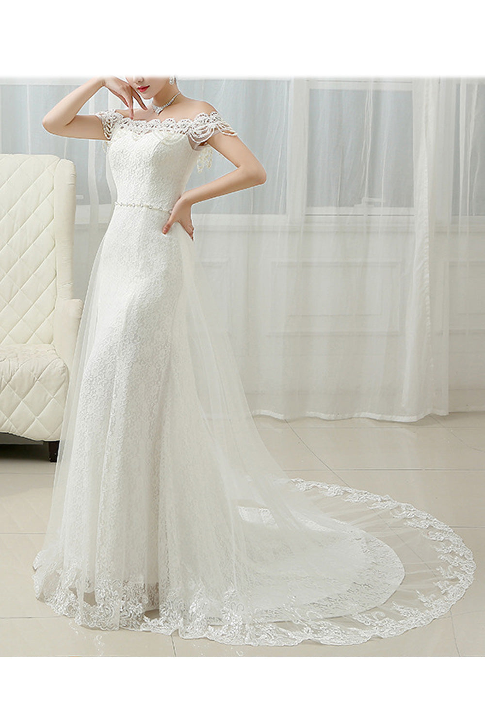 Women Classy Fish Tail Solid Colored Slim Waist Wedding Dress