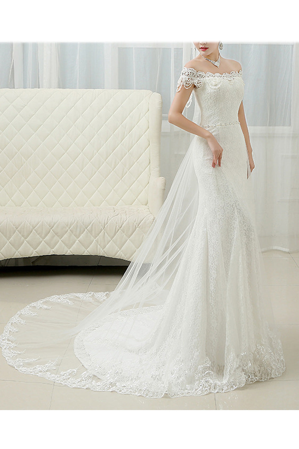 Women Classy Fish Tail Solid Colored Slim Waist Wedding Dress