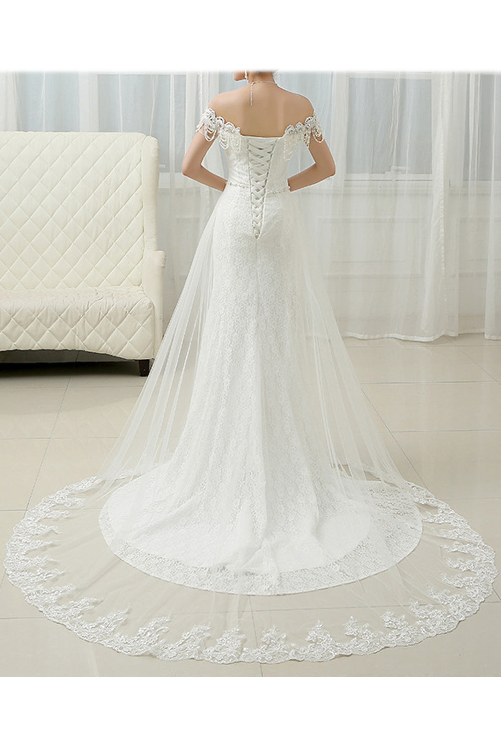 Women Classy Fish Tail Solid Colored Slim Waist Wedding Dress