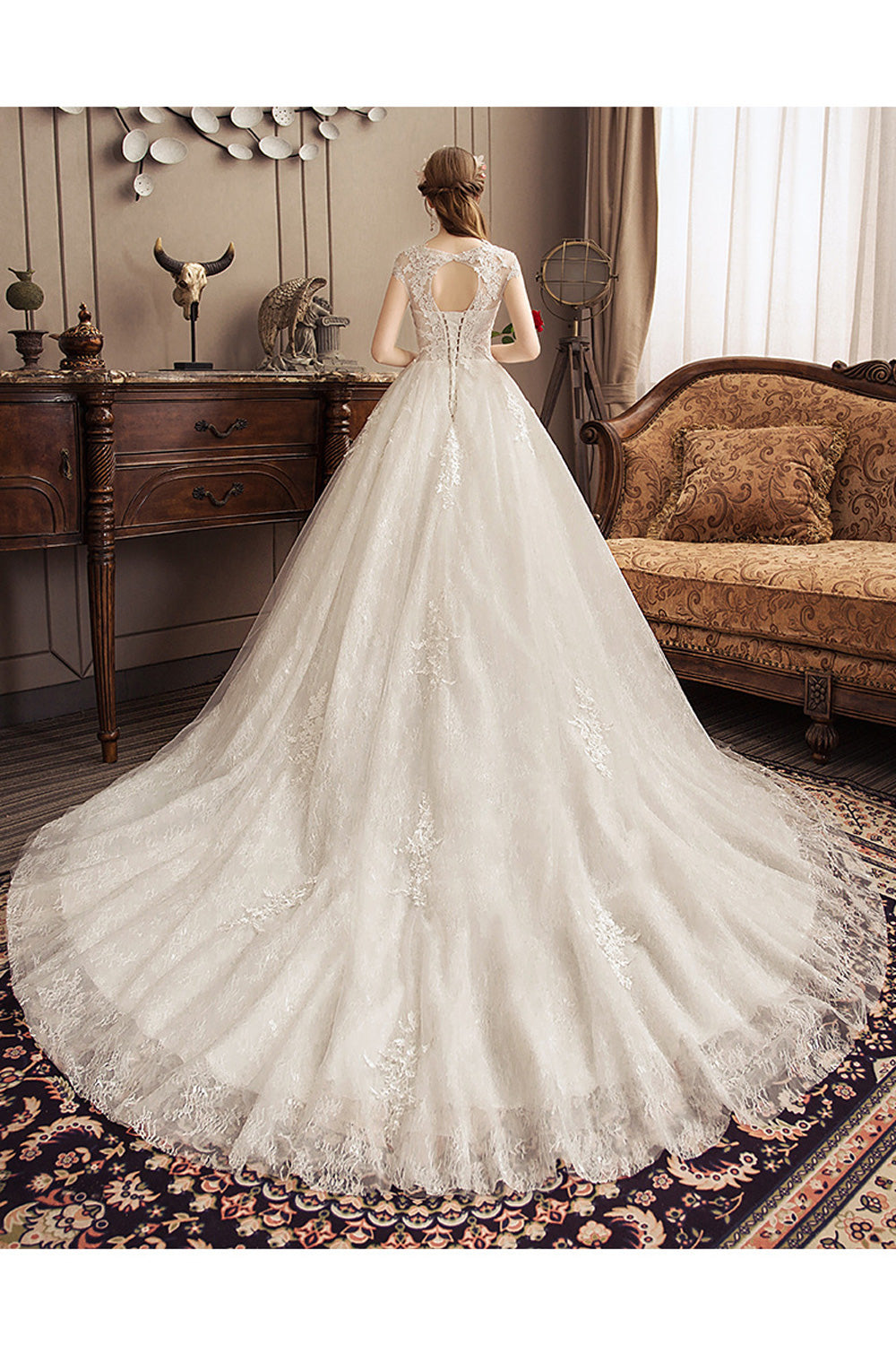 Women Easy Round Neck Long Tail Lace Embroidered Wedding Dress