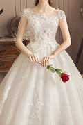 Women Easy Round Neck Long Tail Lace Embroidered Wedding Dress