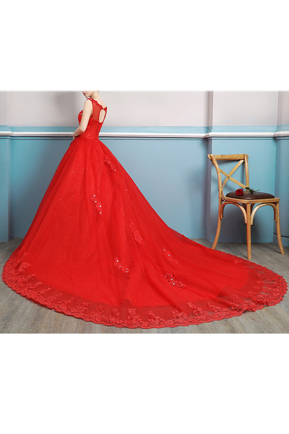 Women Solid Colored Flower Lace Round Neck Sleeveless Wedding Dress