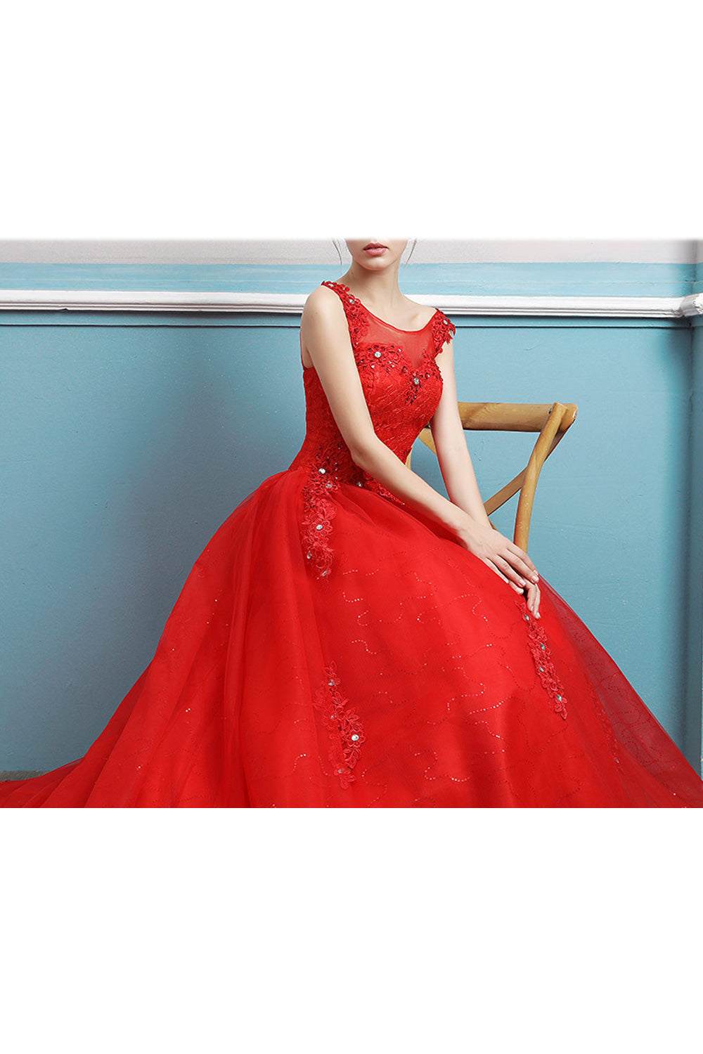 Women Solid Colored Flower Lace Round Neck Sleeveless Wedding Dress
