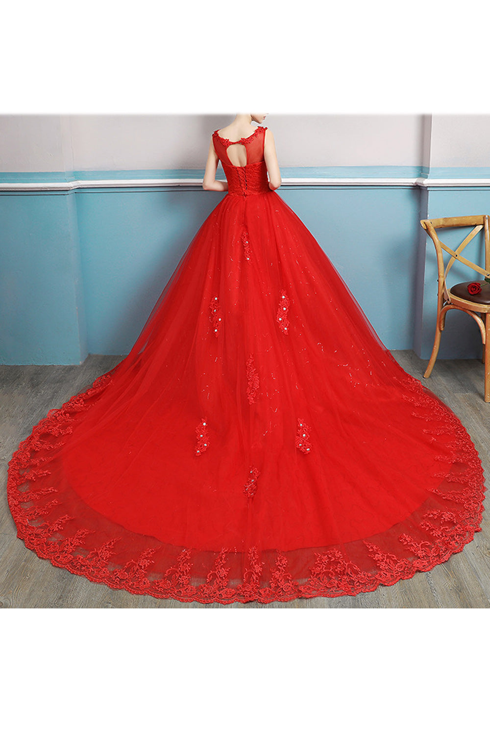 Women Solid Colored Flower Lace Round Neck Sleeveless Wedding Dress