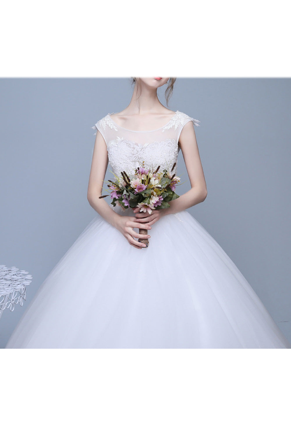 Women Thin Round Neck Breathable Pleated Pattern Wedding Dress