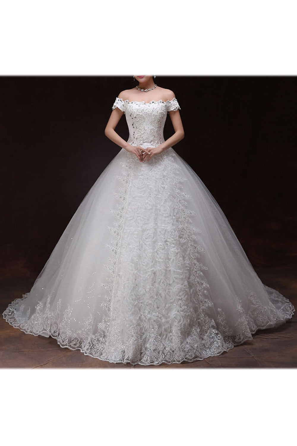 Women Classy Beads Decorated Long Tail Wedding Dress
