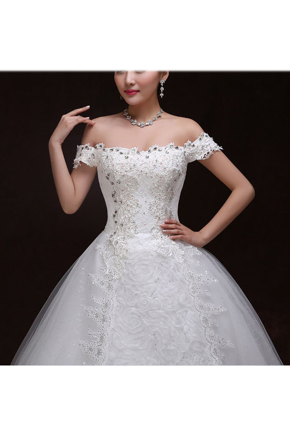 Women Classy Beads Decorated Long Tail Wedding Dress