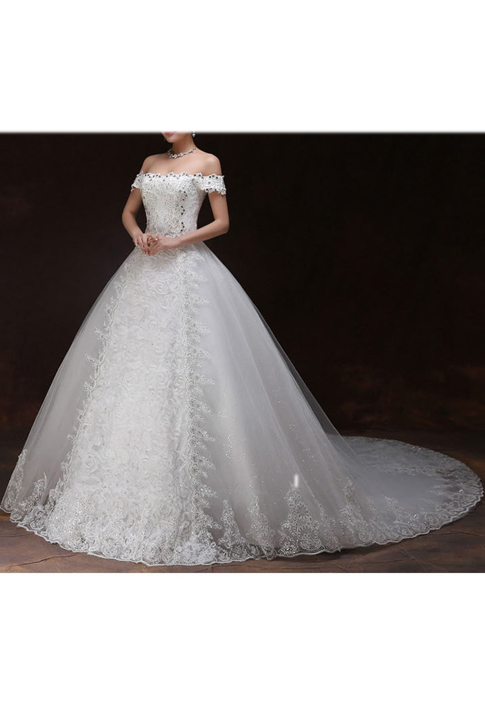Women Classy Beads Decorated Long Tail Wedding Dress
