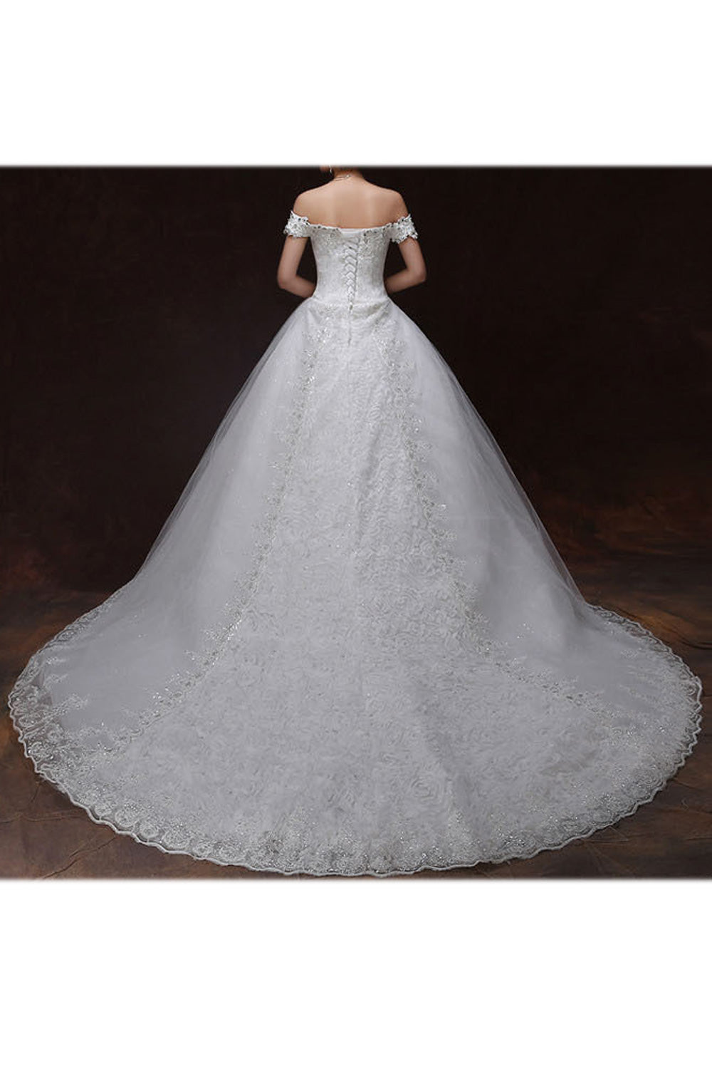 Women Classy Beads Decorated Long Tail Wedding Dress