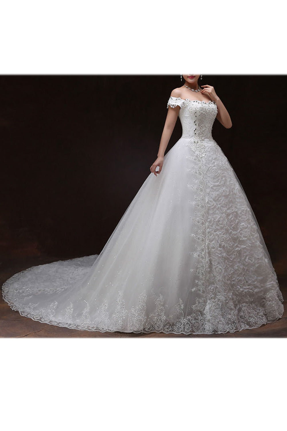 Women Classy Beads Decorated Long Tail Wedding Dress