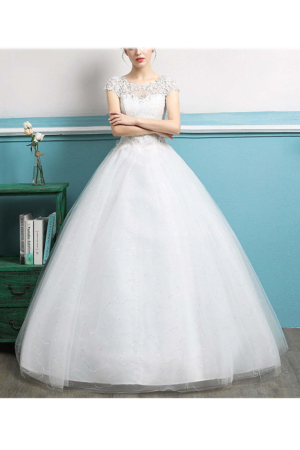 Women Elegant Solid Colored Flower Lace Classy Wedding Dress