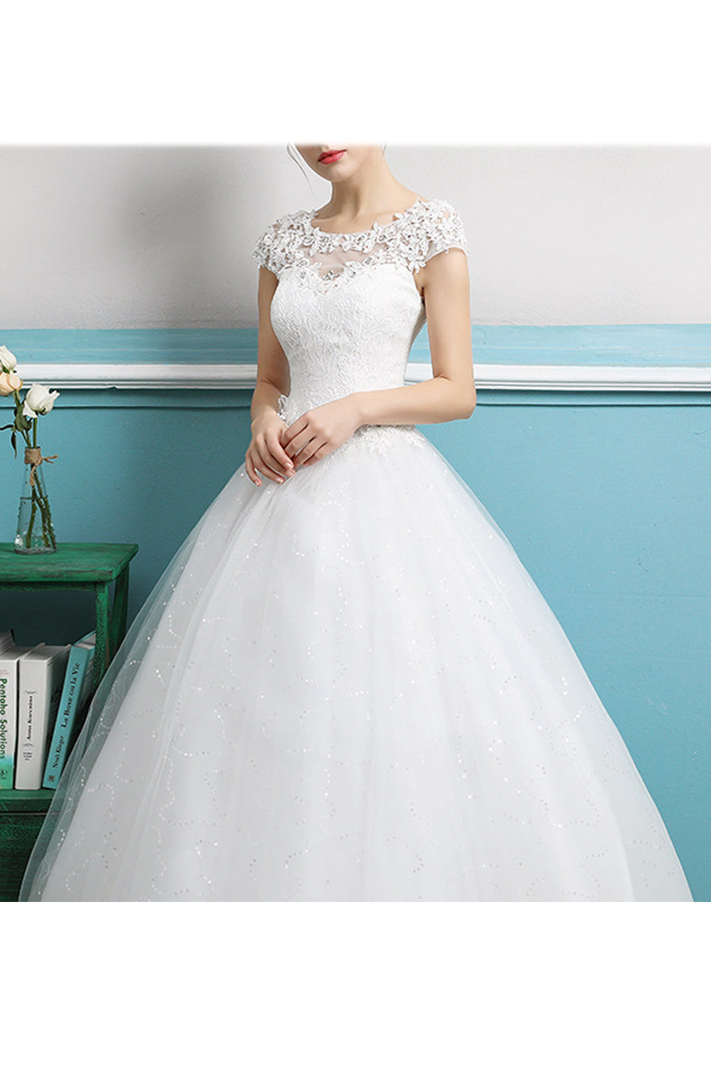 Women Elegant Solid Colored Flower Lace Classy Wedding Dress