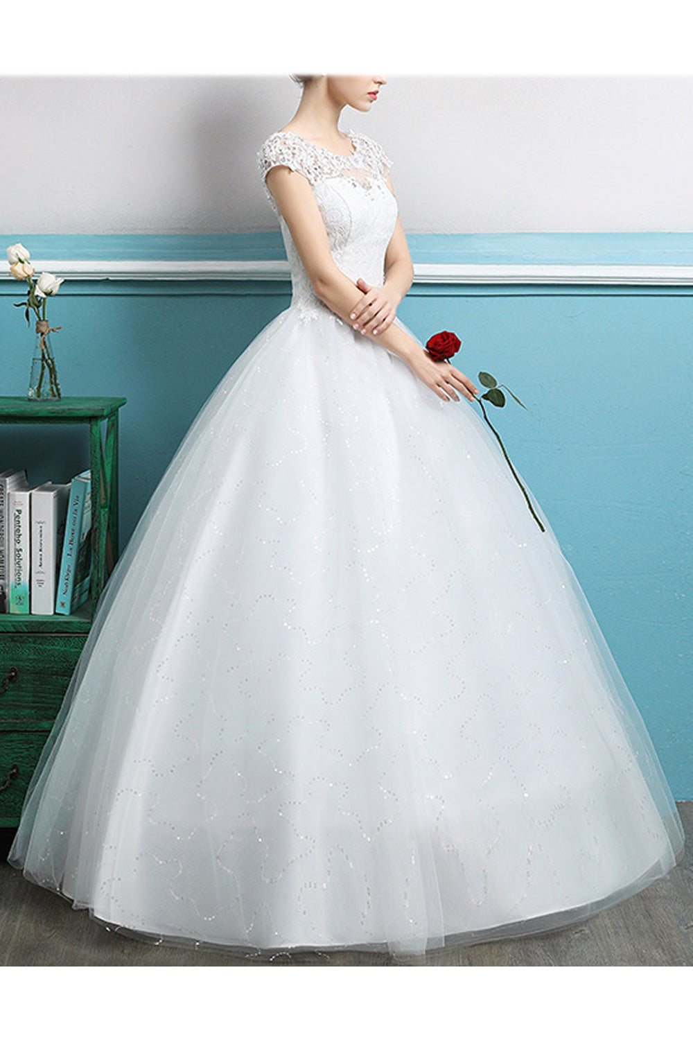 Women Elegant Solid Colored Flower Lace Classy Wedding Dress