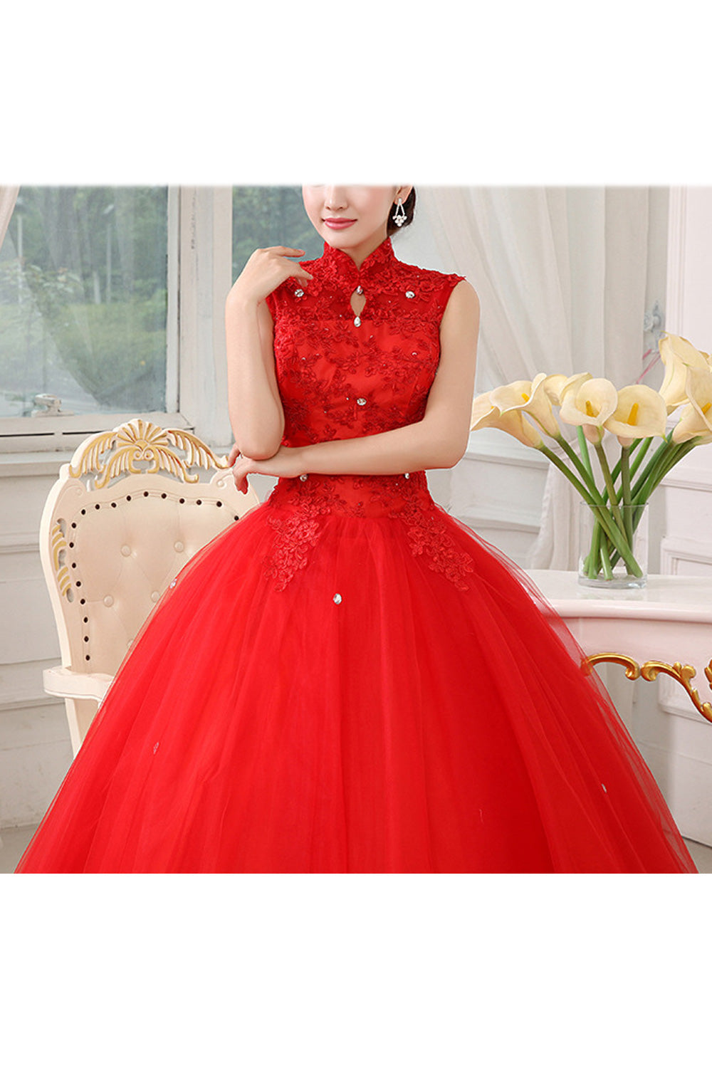 Women Trendy Stand Collar Sleeveless Style Solid Colored Wedding Dress