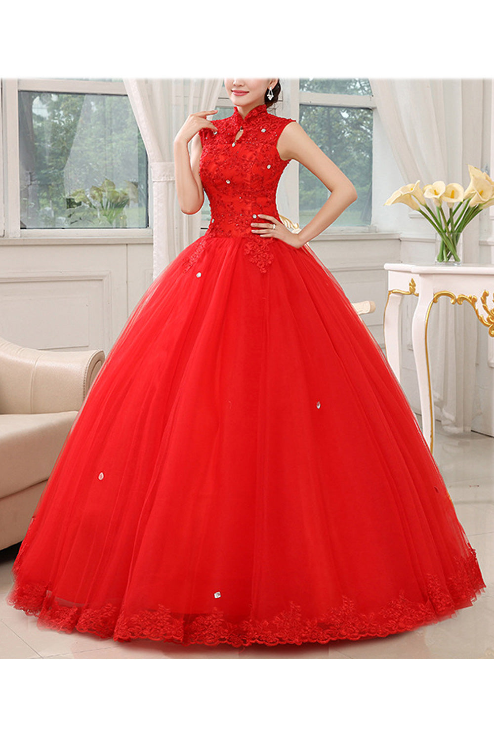 Women Trendy Stand Collar Sleeveless Style Solid Colored Wedding Dress