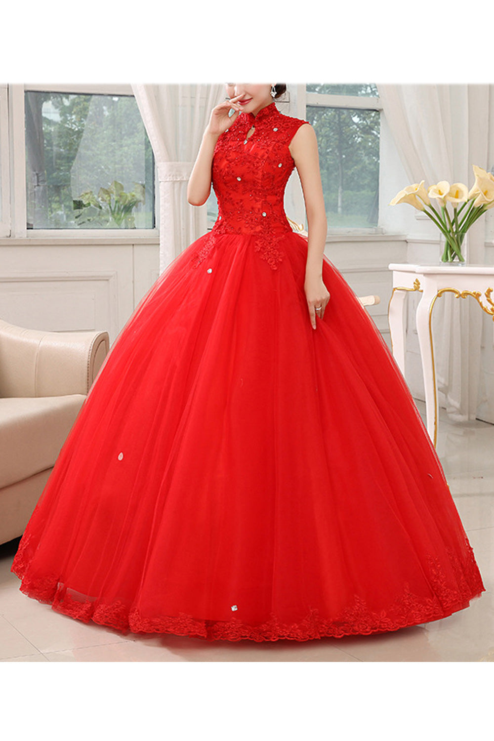 Women Trendy Stand Collar Sleeveless Style Solid Colored Wedding Dress