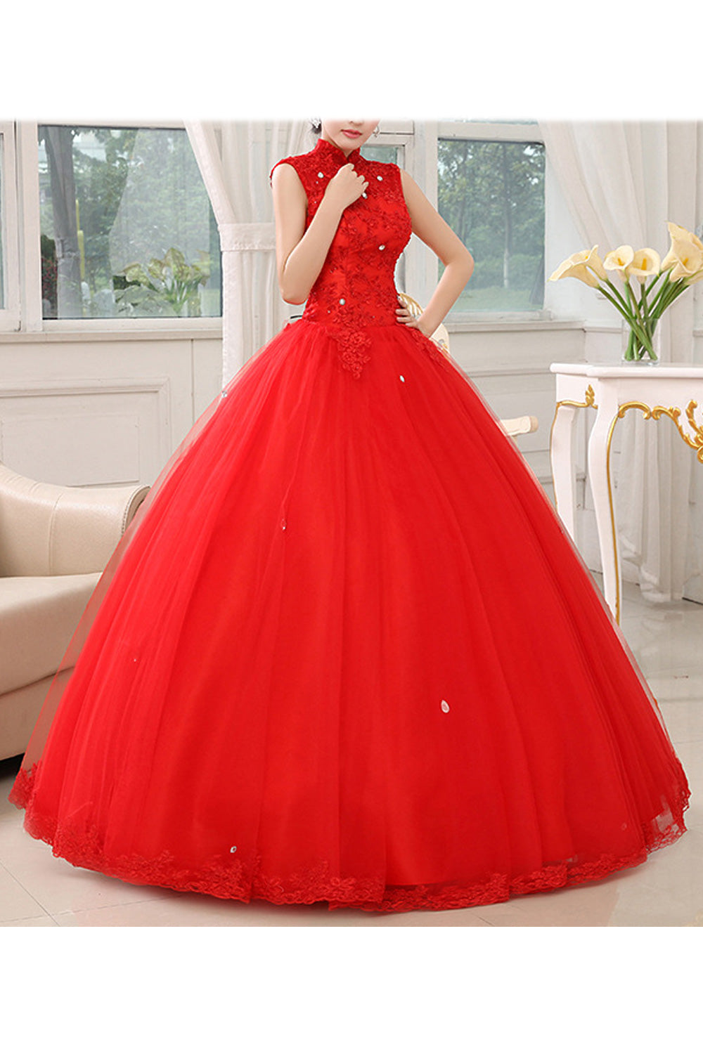 Women Trendy Stand Collar Sleeveless Style Solid Colored Wedding Dress