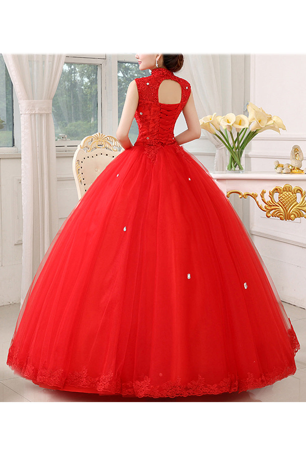 Women Trendy Stand Collar Sleeveless Style Solid Colored Wedding Dress