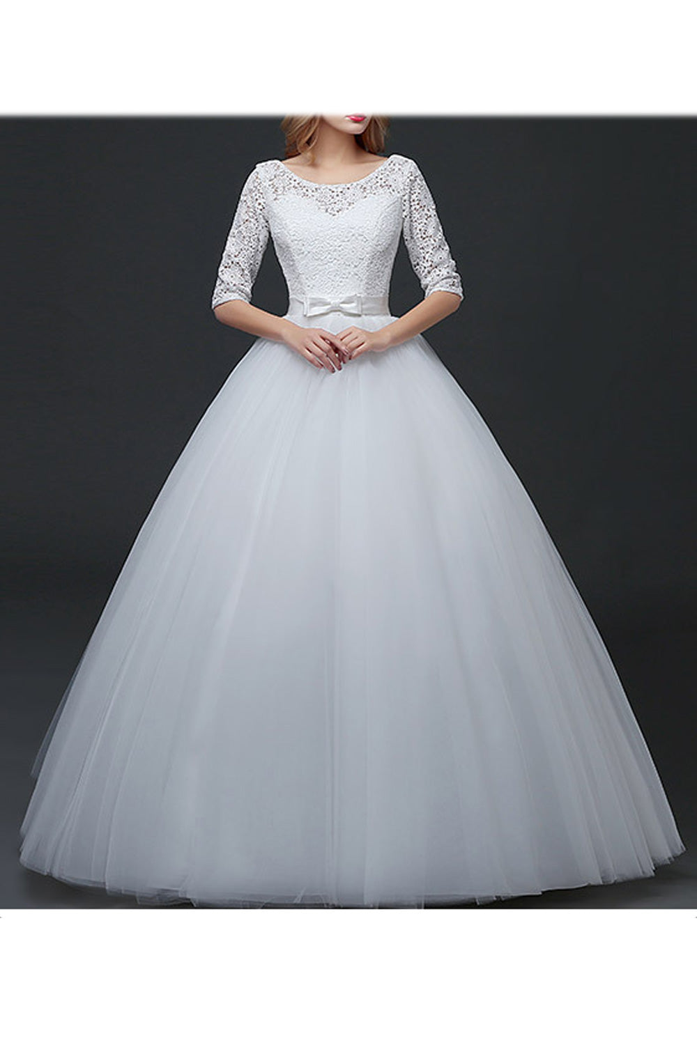 Women Half Sleeve Round Neck Hollow Lace Solid Pattern Wedding Dress