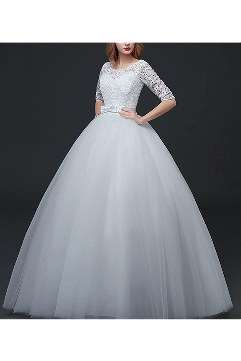 Women Half Sleeve Round Neck Hollow Lace Solid Pattern Wedding Dress