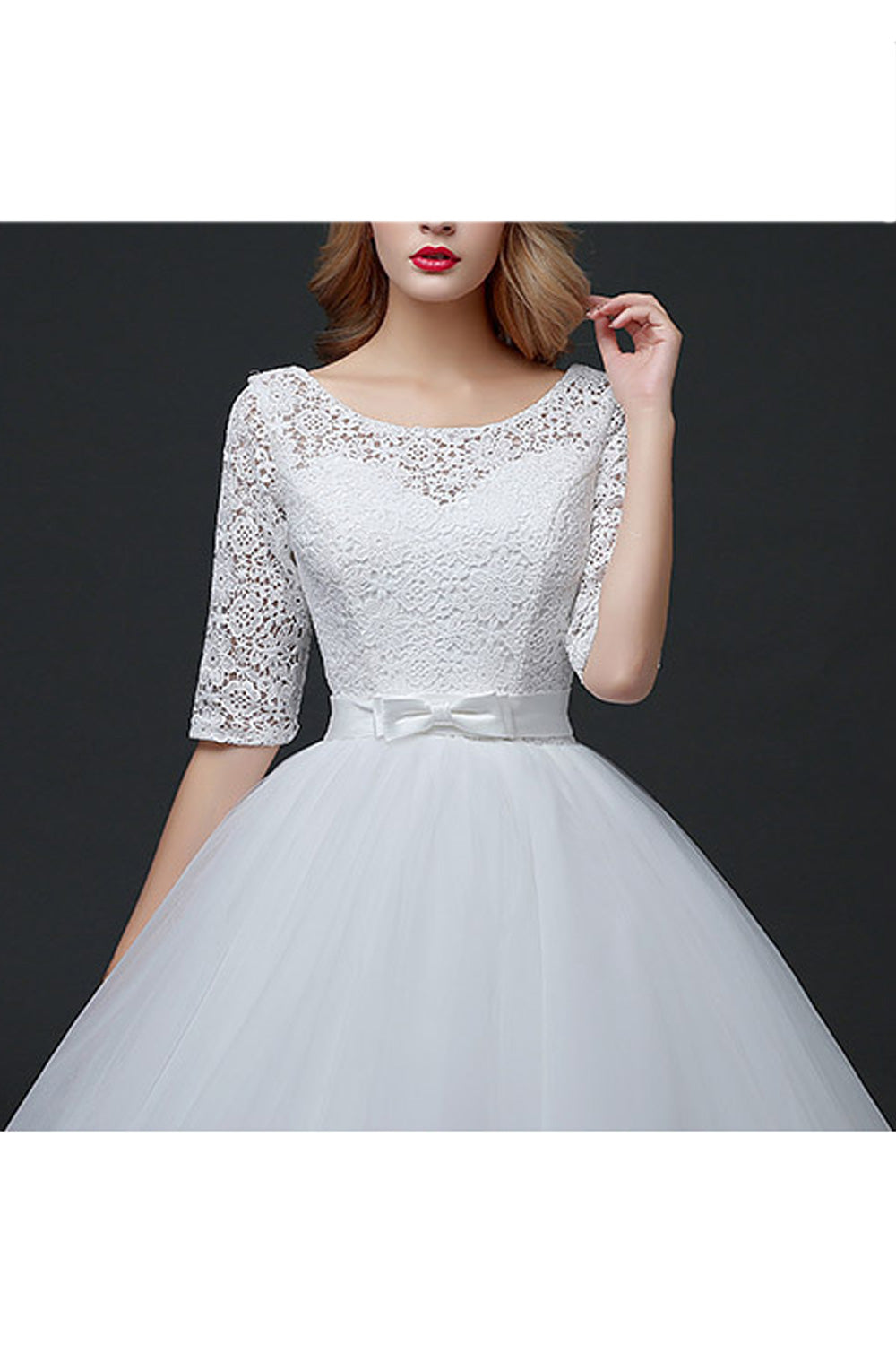 Women Half Sleeve Round Neck Hollow Lace Solid Pattern Wedding Dress