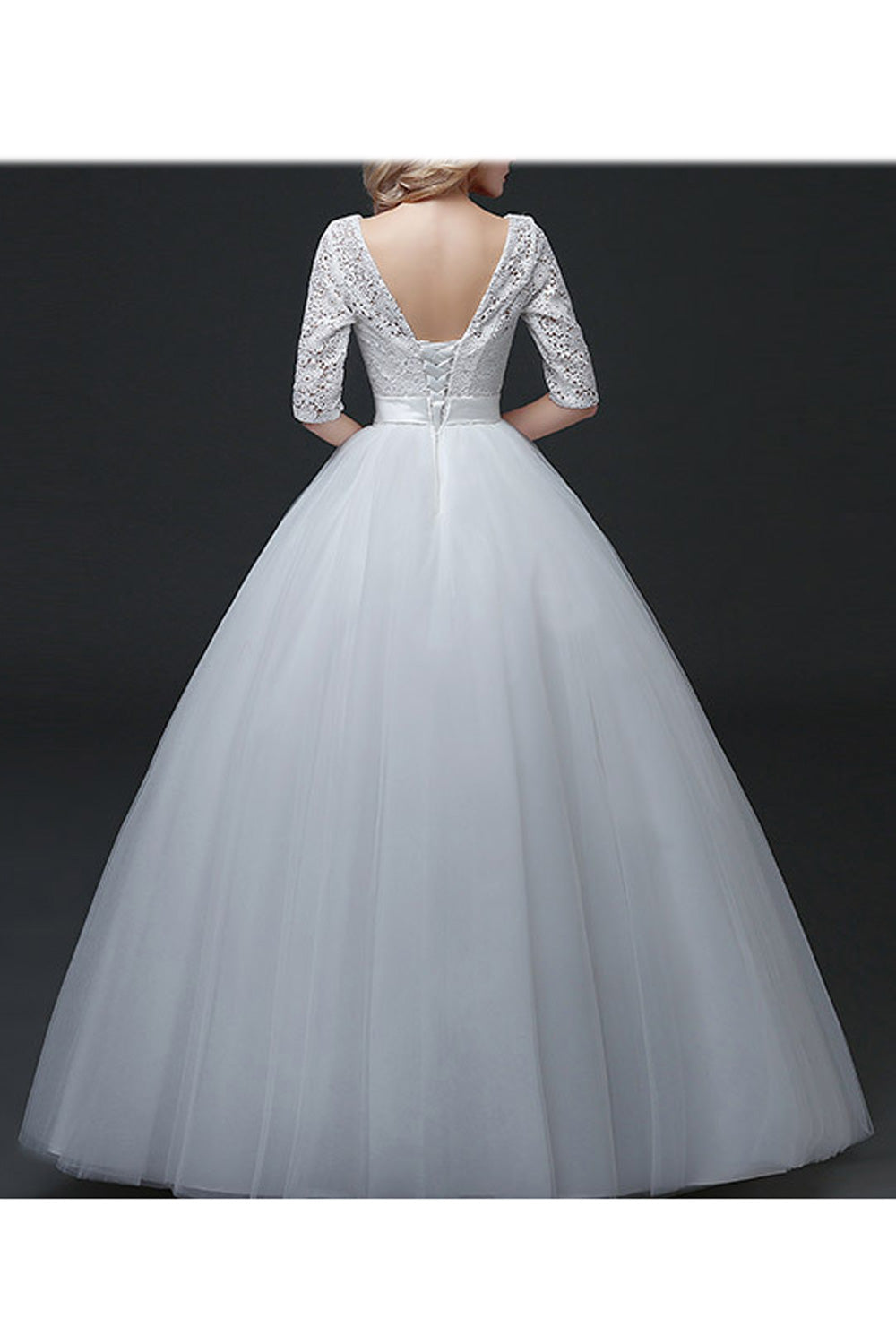 Women Half Sleeve Round Neck Hollow Lace Solid Pattern Wedding Dress