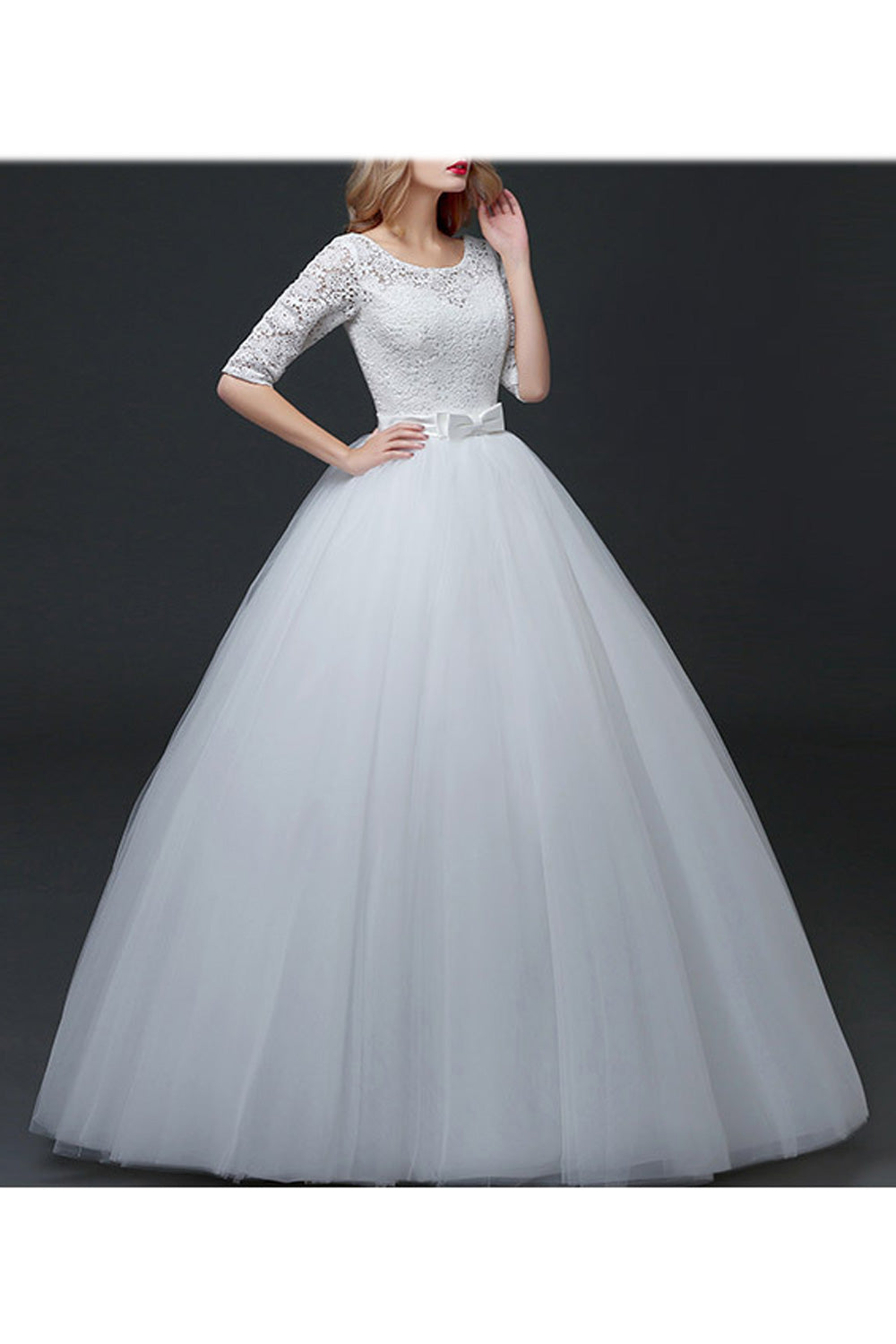 Women Half Sleeve Round Neck Hollow Lace Solid Pattern Wedding Dress