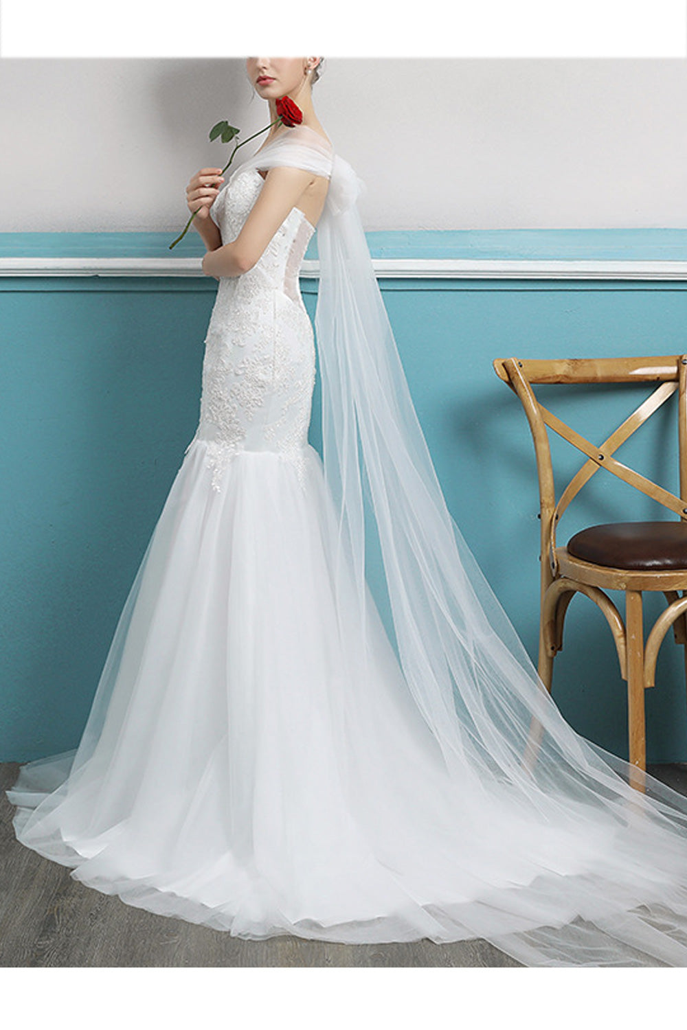 Women Slim Waist Fish Tail Solid Pattern Off-Shoulder Wedding Dress