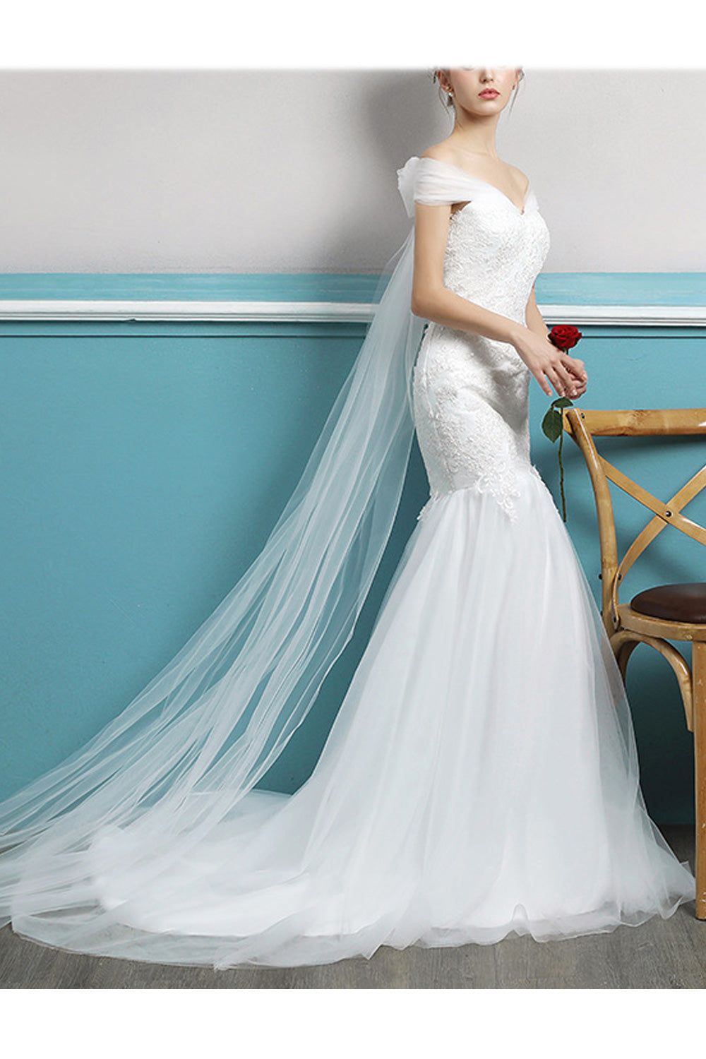Women Slim Waist Fish Tail Solid Pattern Off-Shoulder Wedding Dress
