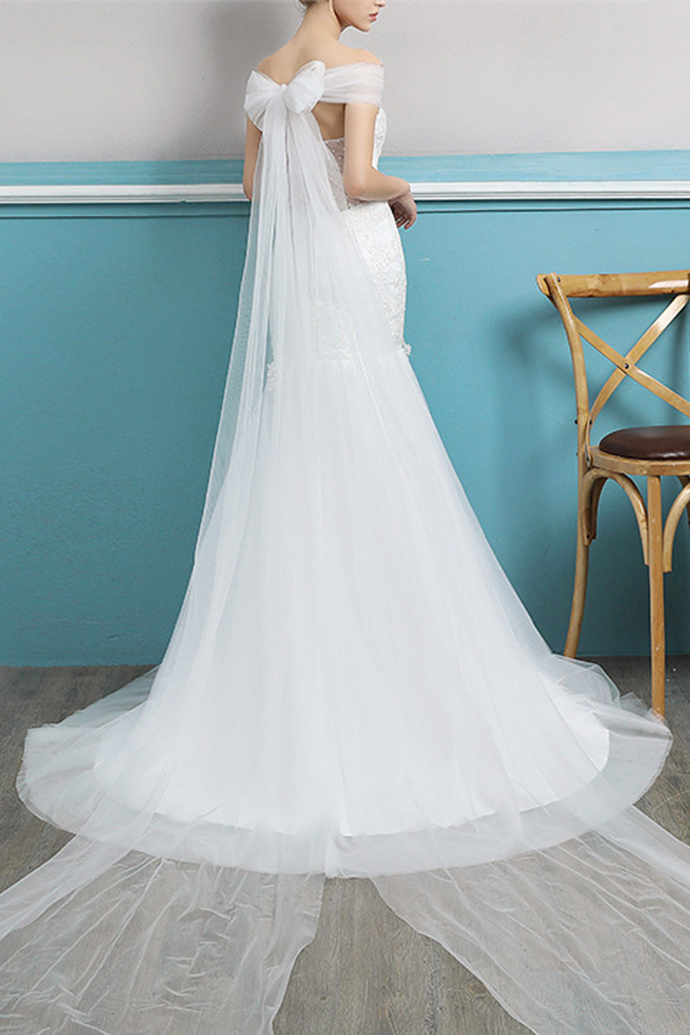 Women Slim Waist Fish Tail Solid Pattern Off-Shoulder Wedding Dress