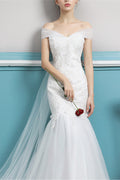 Women Slim Waist Fish Tail Solid Pattern Off-Shoulder Wedding Dress