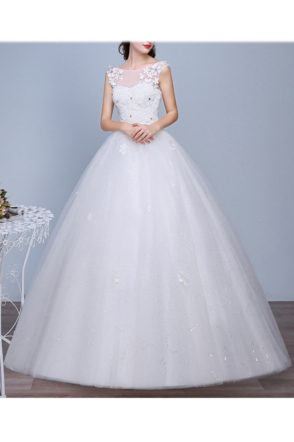 Women Elegant Flower Decorated Sleeveless Style Comfy Wedding Dress
