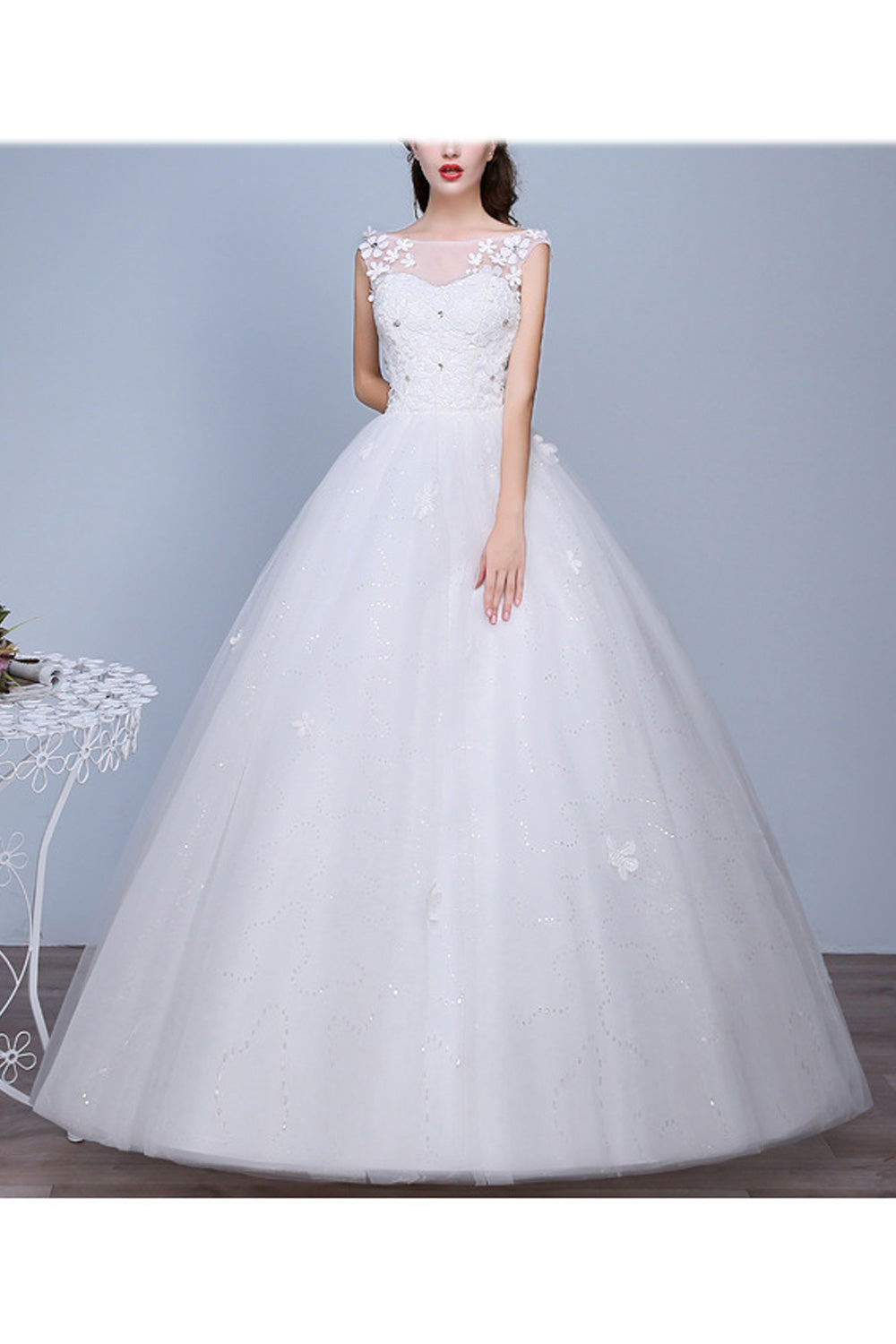 Women Elegant Flower Decorated Sleeveless Style Comfy Wedding Dress