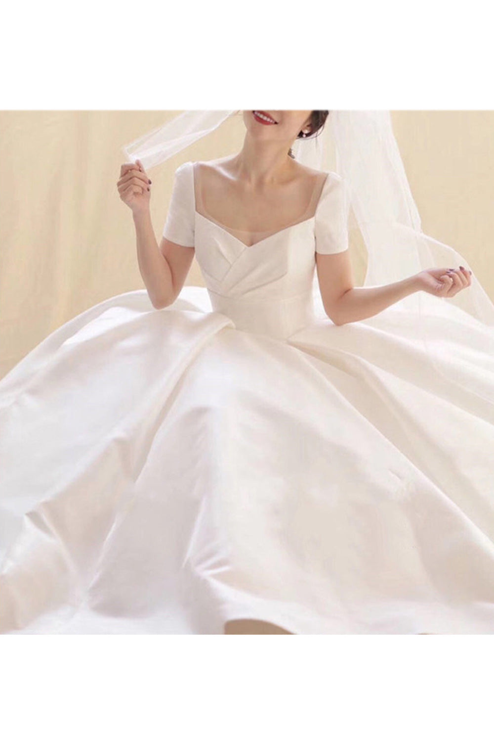 Women Easy Short Sleeve Slim Waist Long Skirt Solid Pattern Wedding Dress