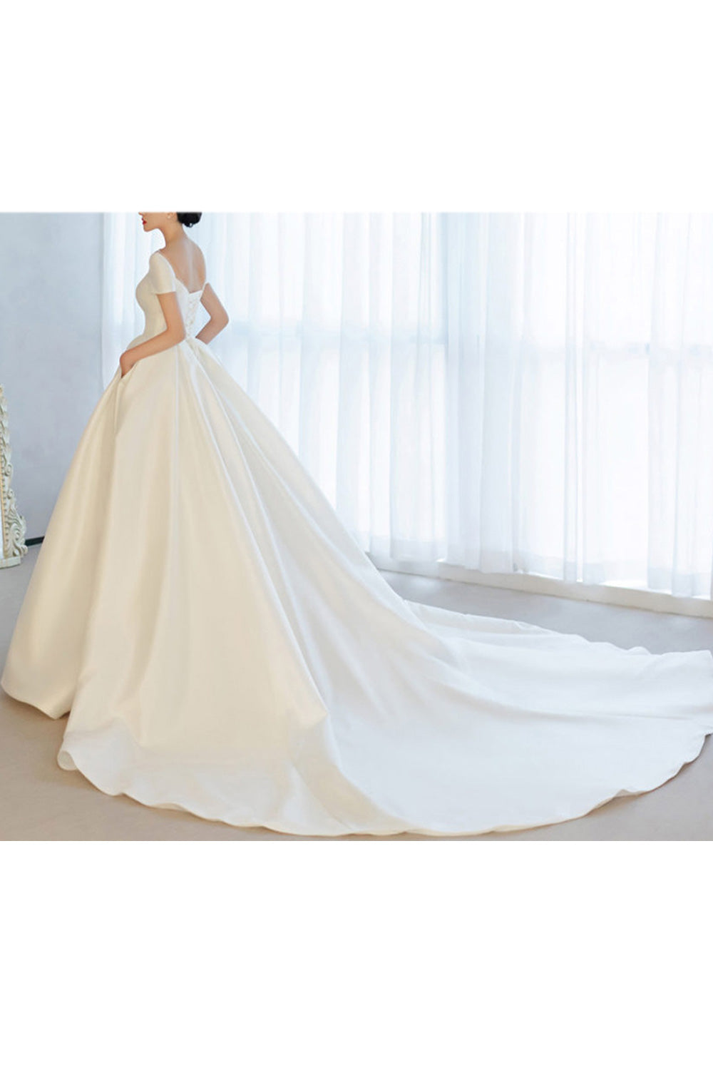 Women Easy Short Sleeve Slim Waist Long Skirt Solid Pattern Wedding Dress