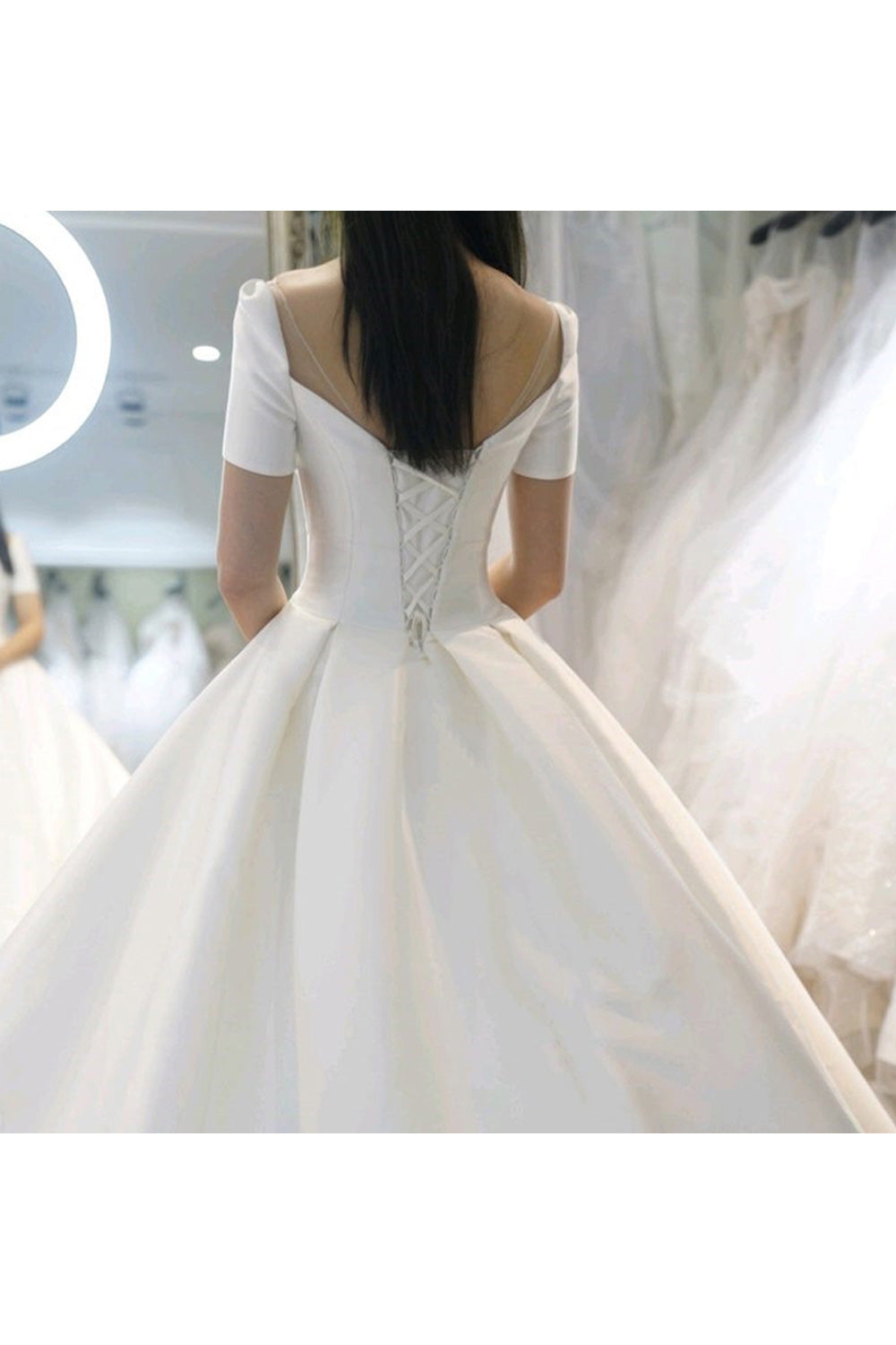 Women Easy Short Sleeve Slim Waist Long Skirt Solid Pattern Wedding Dress