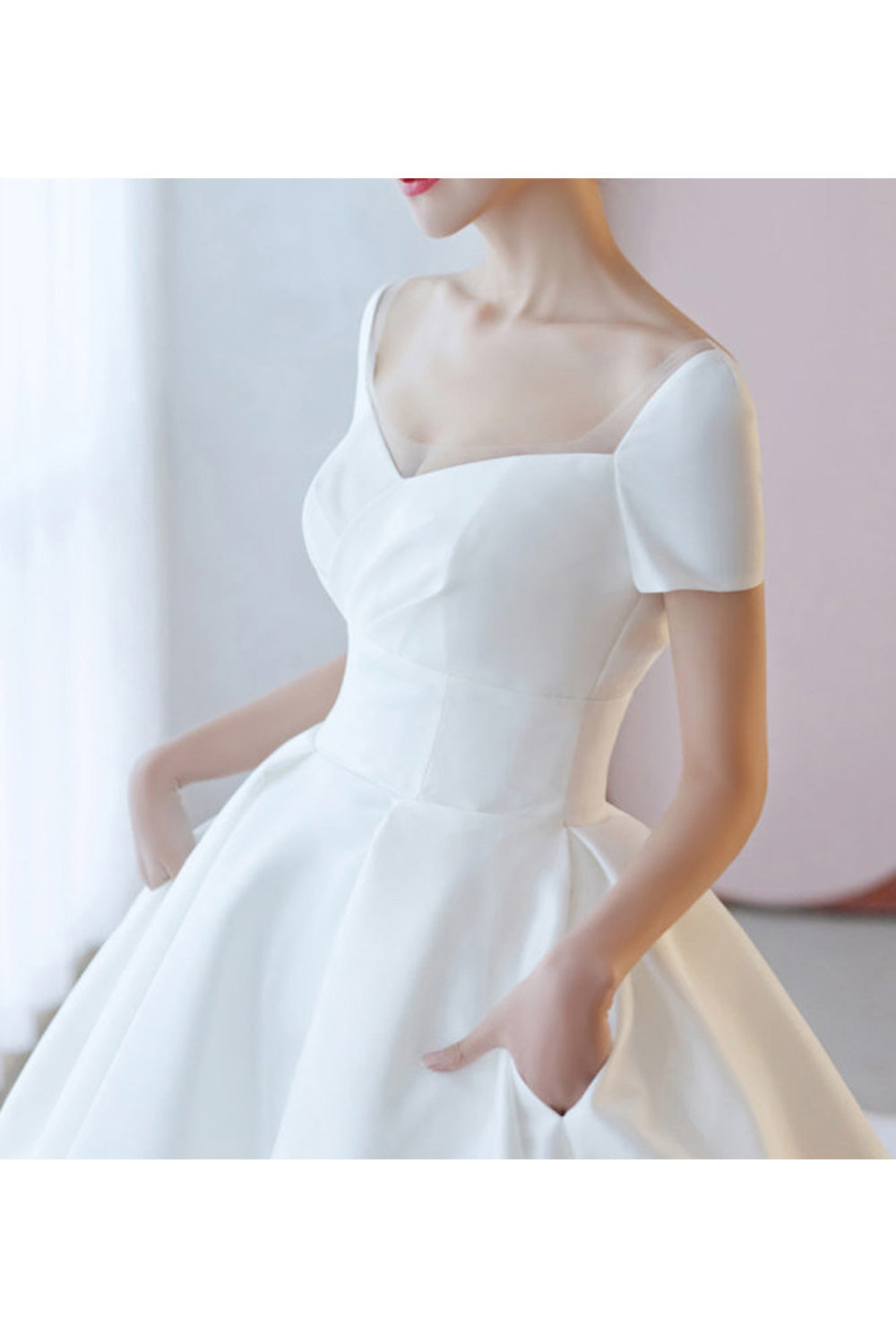 Women Easy Short Sleeve Slim Waist Long Skirt Solid Pattern Wedding Dress