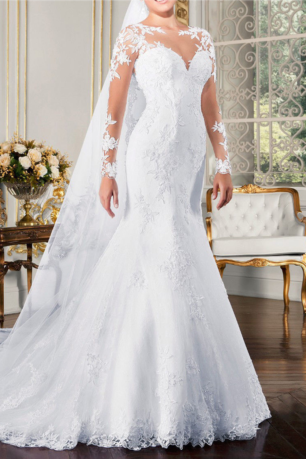 Women Long Tail Skirt Long Lace Sleeve Charming Wedding Dress