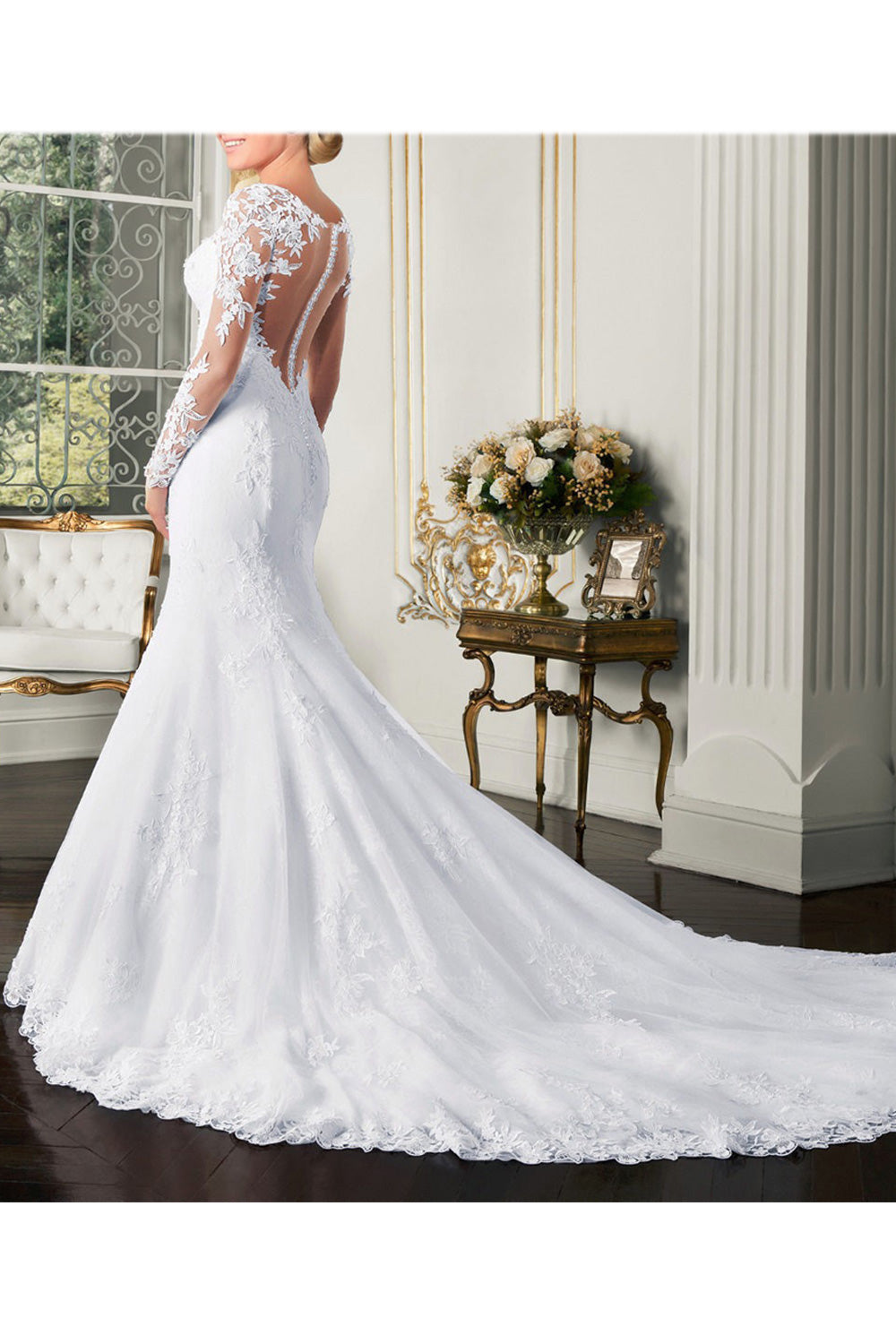 Women Long Tail Skirt Long Lace Sleeve Charming Wedding Dress