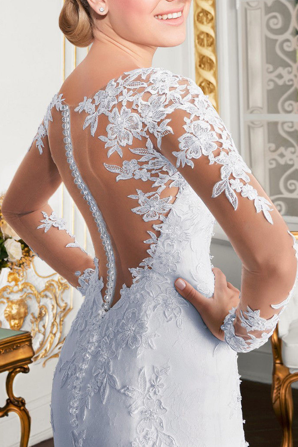 Women Long Tail Skirt Long Lace Sleeve Charming Wedding Dress